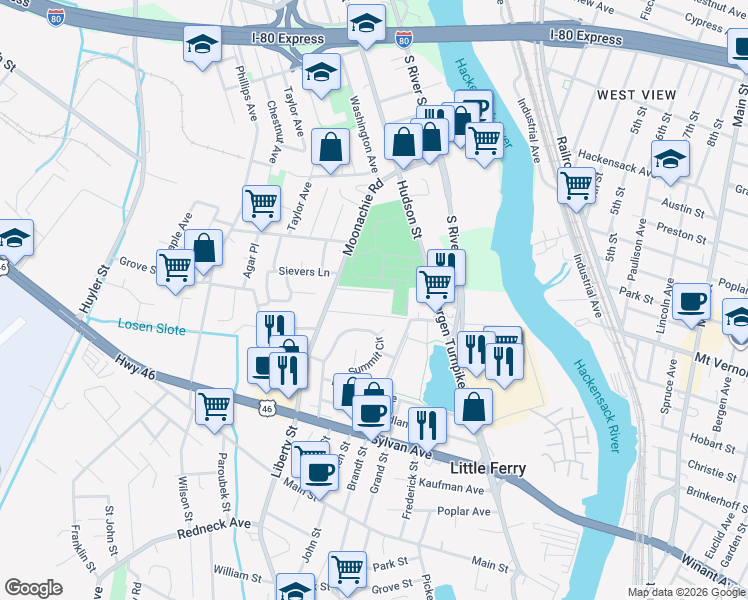 map of restaurants, bars, coffee shops, grocery stores, and more near 466A Liberty Street in Little Ferry