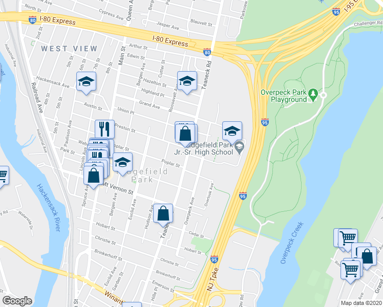 map of restaurants, bars, coffee shops, grocery stores, and more near 445 Teaneck Road in Ridgefield Park