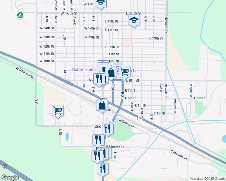 map of restaurants, bars, coffee shops, grocery stores, and more near F Street in Cozad