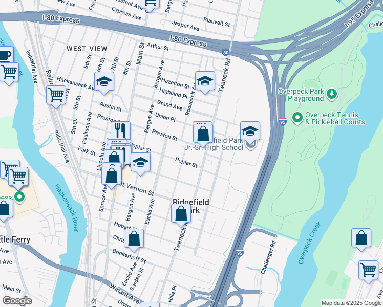 map of restaurants, bars, coffee shops, grocery stores, and more near 153 Hudson Ave in Ridgefield Park
