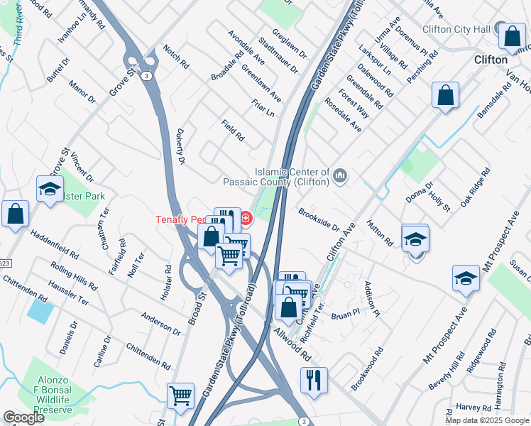map of restaurants, bars, coffee shops, grocery stores, and more near 1115 Broad Street in Clifton