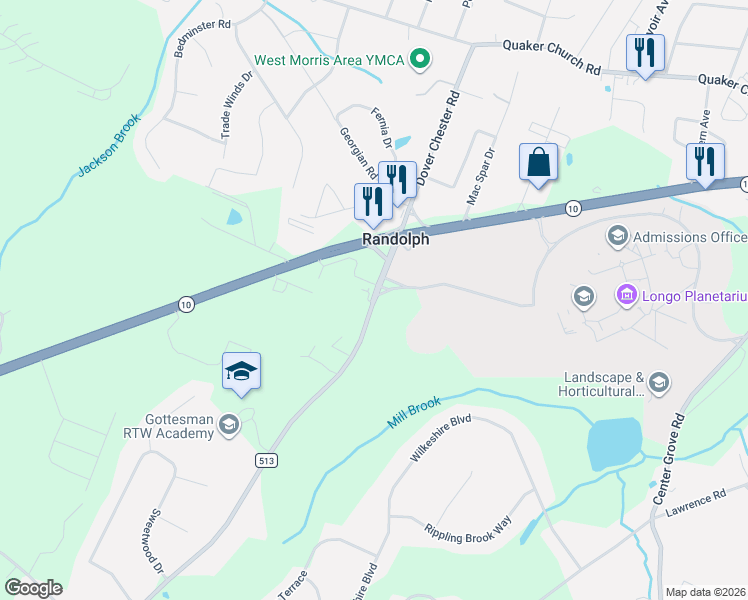 map of restaurants, bars, coffee shops, grocery stores, and more near 108 Dover Chester Road in Randolph