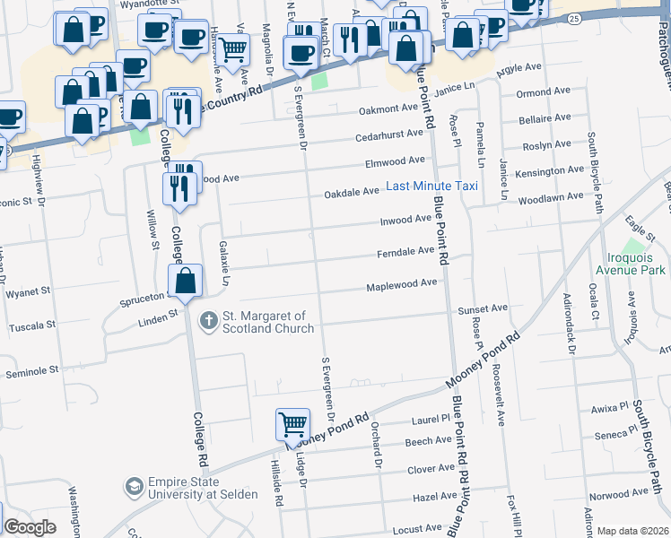 map of restaurants, bars, coffee shops, grocery stores, and more near 56 Ferndale Avenue in Selden