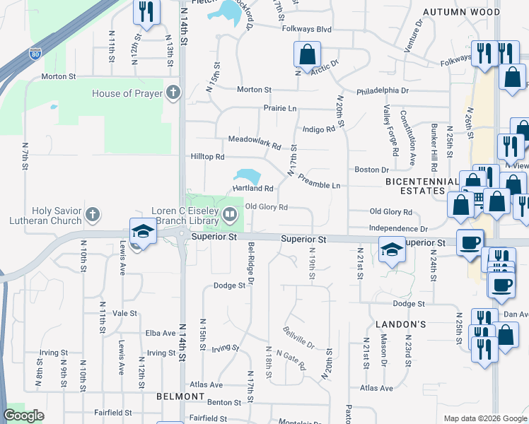 map of restaurants, bars, coffee shops, grocery stores, and more near 1629 Old Glory Road in Lincoln