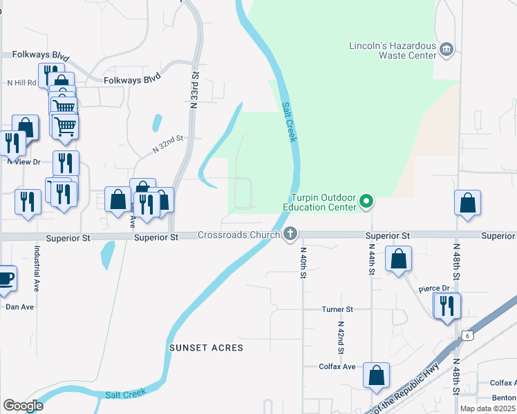 map of restaurants, bars, coffee shops, grocery stores, and more near 4728 North 36th Street in Lincoln