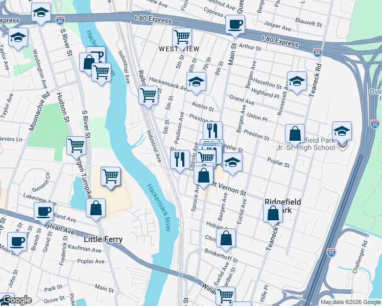 map of restaurants, bars, coffee shops, grocery stores, and more near 302 Lincoln Avenue in Ridgefield Park