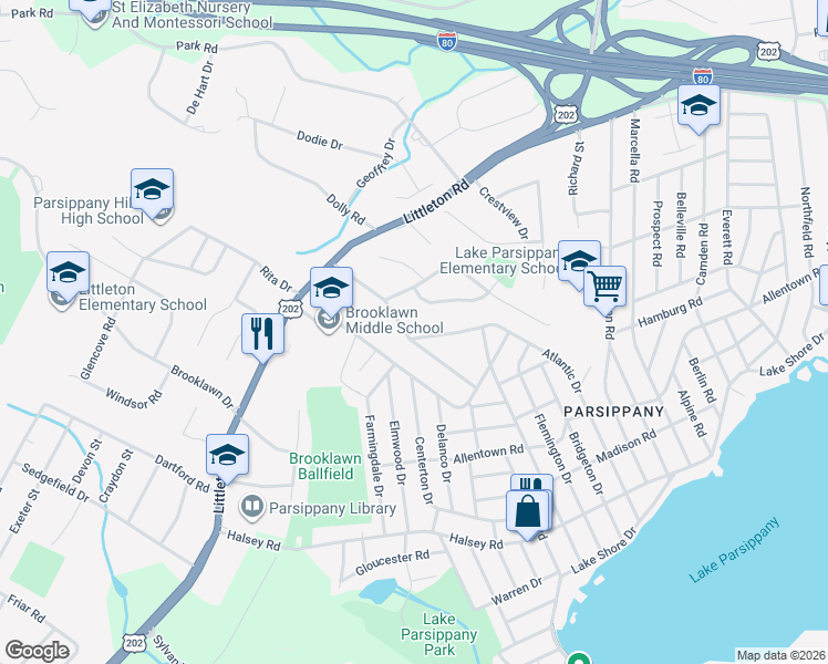 map of restaurants, bars, coffee shops, grocery stores, and more near 115 Fieldcrest Rd in Parsippany-Troy Hills