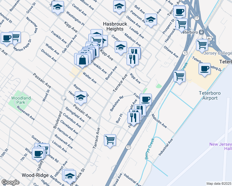 map of restaurants, bars, coffee shops, grocery stores, and more near 202 Terrace Avenue in Hasbrouck Heights