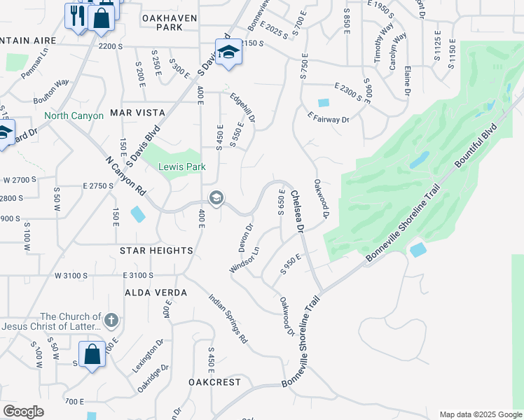 map of restaurants, bars, coffee shops, grocery stores, and more near 566 Chelsea Dr in Bountiful