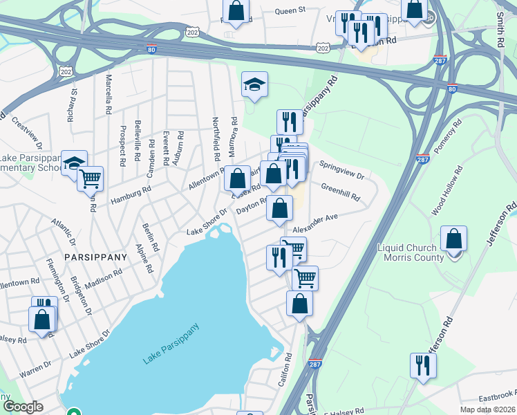 map of restaurants, bars, coffee shops, grocery stores, and more near 38 Dayton Road in Parsippany-Troy Hills