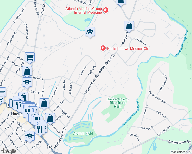 map of restaurants, bars, coffee shops, grocery stores, and more near 504 Willow Grove Street in Hackettstown