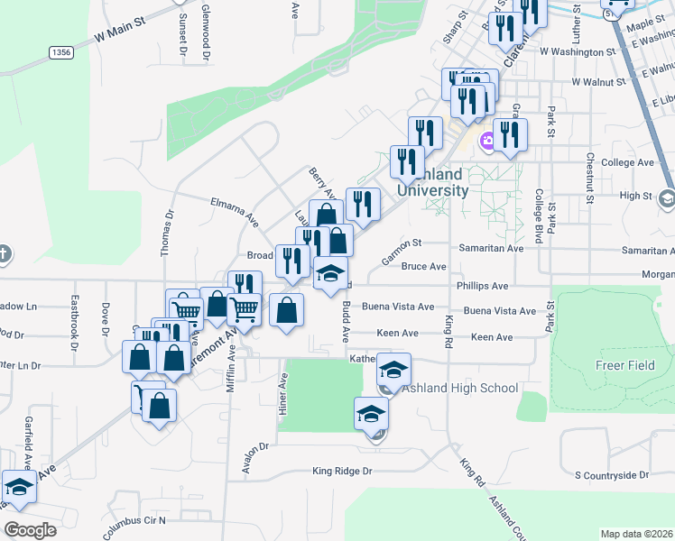 map of restaurants, bars, coffee shops, grocery stores, and more near 1117 Claremont Avenue in Ashland