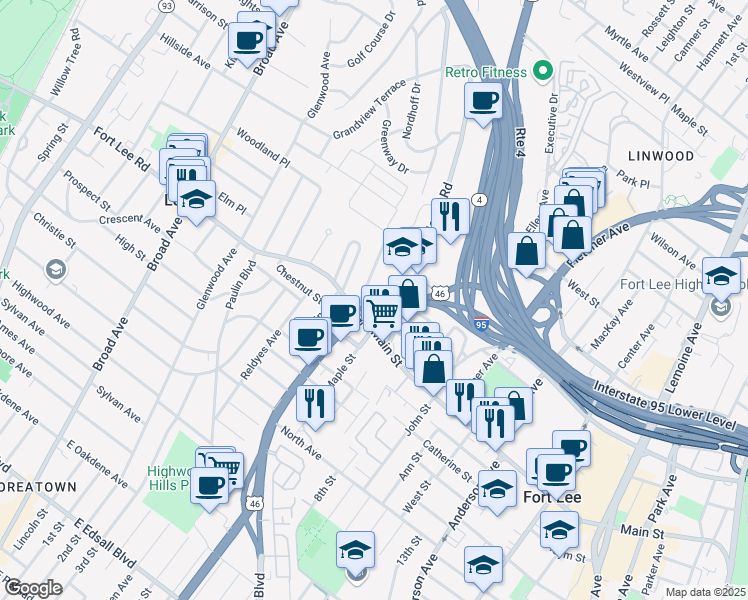 map of restaurants, bars, coffee shops, grocery stores, and more near 1 Caspers Lane in Fort Lee