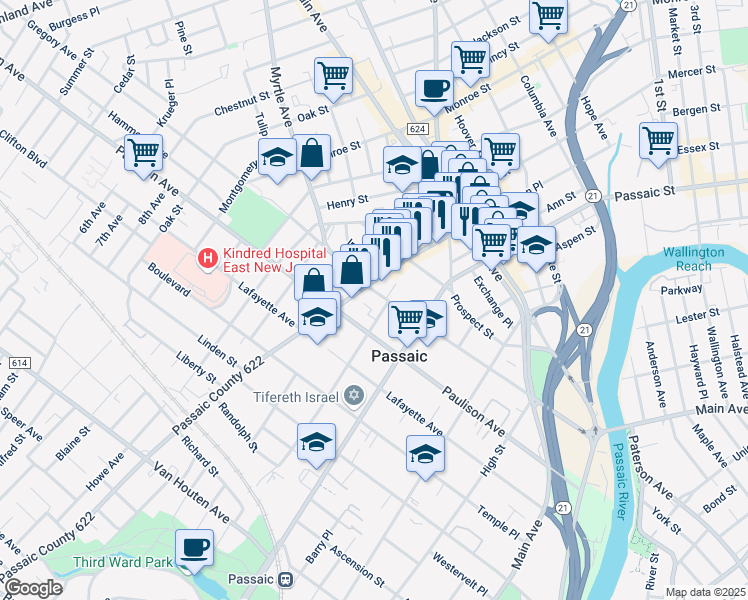 map of restaurants, bars, coffee shops, grocery stores, and more near 251 Gregory Avenue in Passaic