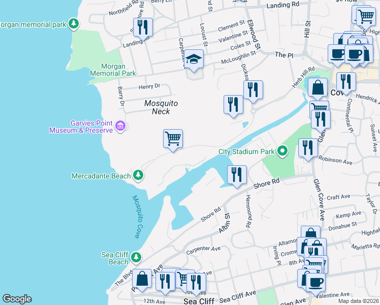 map of restaurants, bars, coffee shops, grocery stores, and more near 100 Garvies Point Road in Glen Cove