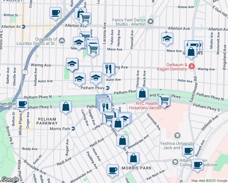 map of restaurants, bars, coffee shops, grocery stores, and more near 2201 Hering Avenue in Bronx