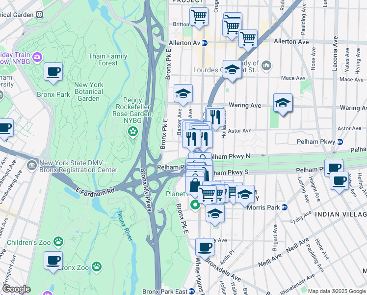 map of restaurants, bars, coffee shops, grocery stores, and more near 660 Thwaites Place in Bronx