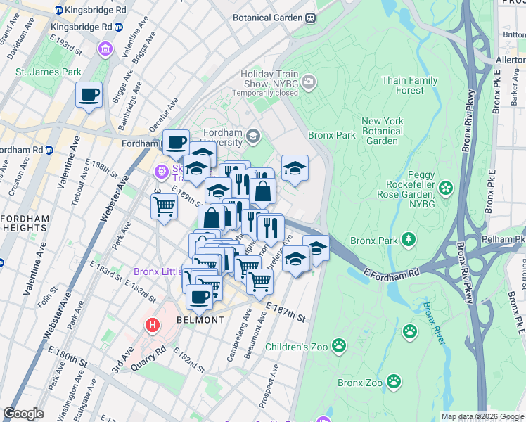 map of restaurants, bars, coffee shops, grocery stores, and more near 625 East Fordham Road in Bronx