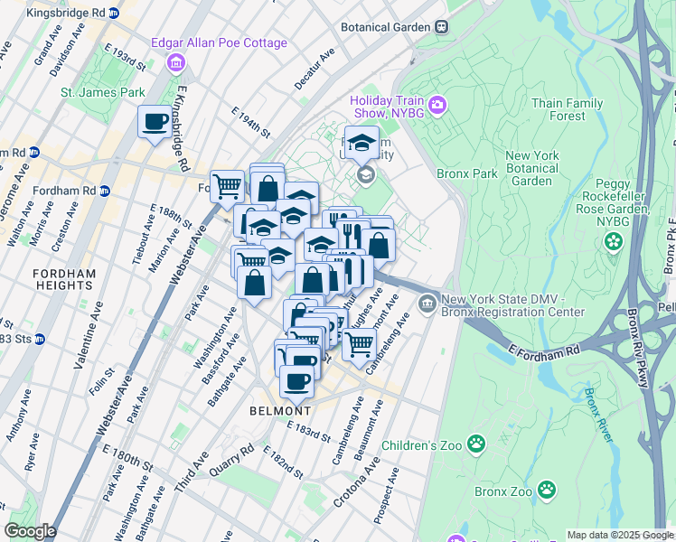 map of restaurants, bars, coffee shops, grocery stores, and more near 2502 Lorillard Place in Bronx