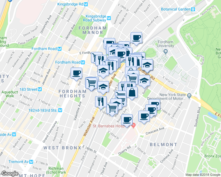 map of restaurants, bars, coffee shops, grocery stores, and more near 419 East 187th Street in Bronx