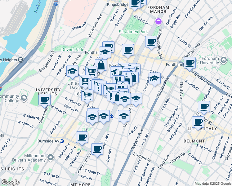 map of restaurants, bars, coffee shops, grocery stores, and more near 2316 Creston Avenue in Bronx