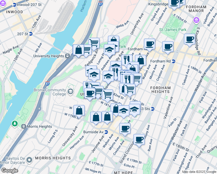 map of restaurants, bars, coffee shops, grocery stores, and more near 2206 Doctor Martin Luther King Junior Boulevard in Bronx