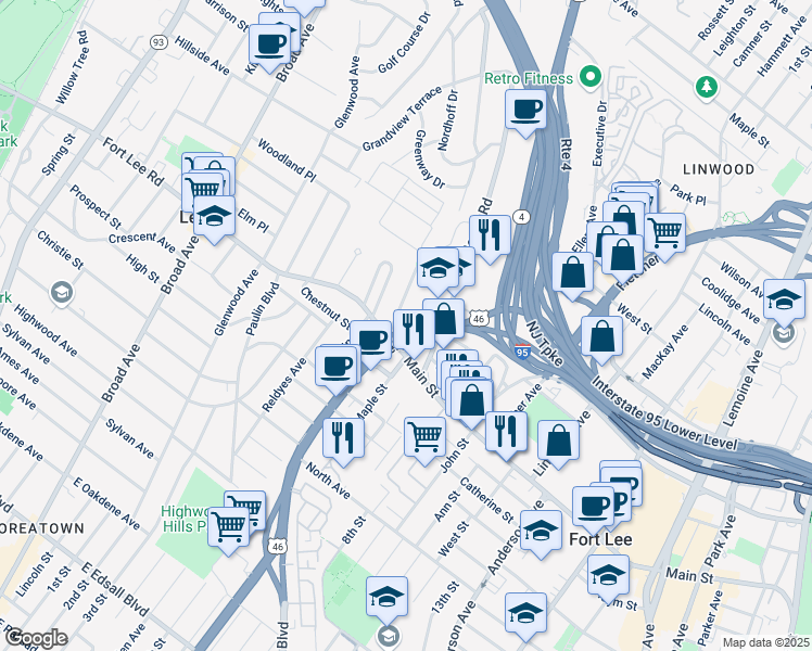 map of restaurants, bars, coffee shops, grocery stores, and more near 1 Caspers Lane in Fort Lee