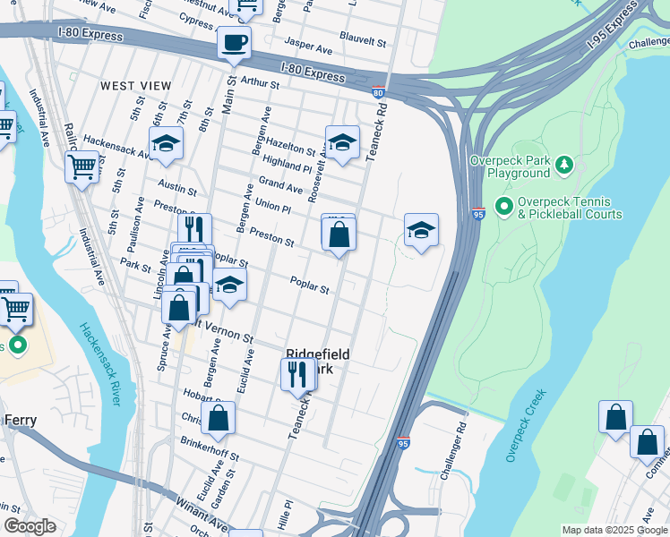 map of restaurants, bars, coffee shops, grocery stores, and more near 445 Teaneck Road in Ridgefield Park