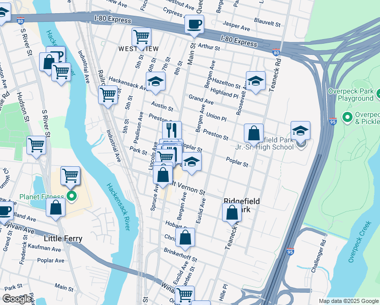 map of restaurants, bars, coffee shops, grocery stores, and more near 126 Bergen Avenue in Ridgefield Park