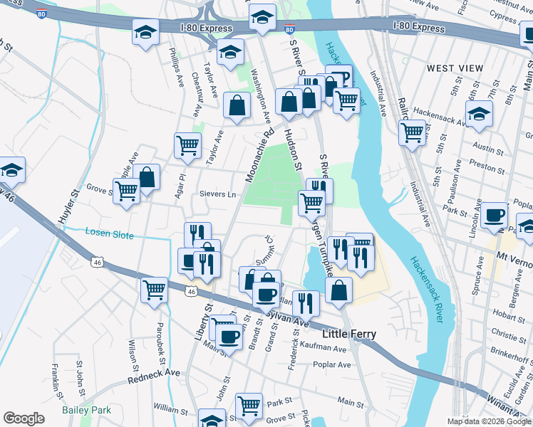 map of restaurants, bars, coffee shops, grocery stores, and more near 466A Liberty Street in Little Ferry