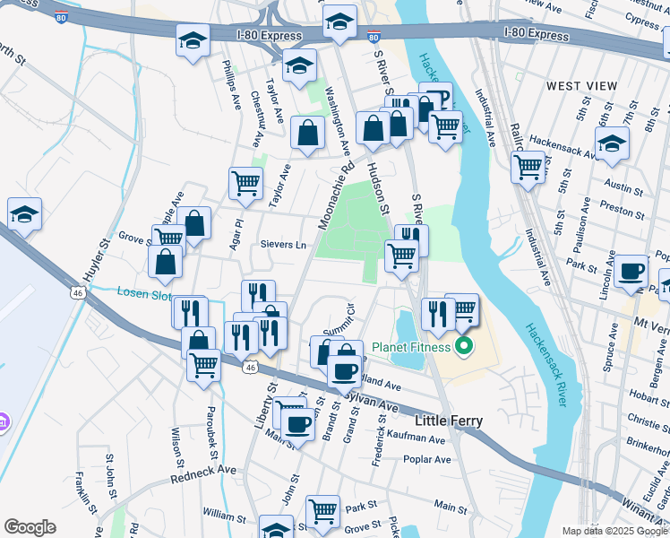 map of restaurants, bars, coffee shops, grocery stores, and more near 462 Liberty Street in Little Ferry