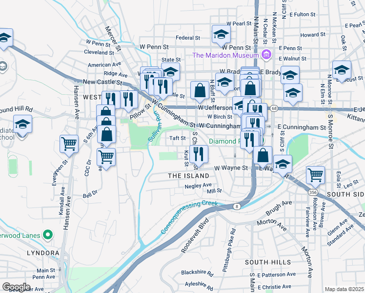map of restaurants, bars, coffee shops, grocery stores, and more near 427 West Diamond Street in Butler