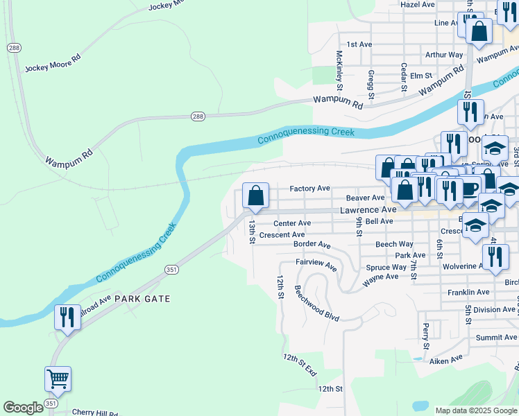 map of restaurants, bars, coffee shops, grocery stores, and more near 1210 Lawrence Avenue in Ellwood City