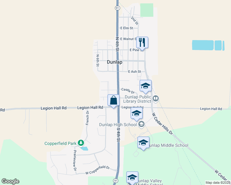 map of restaurants, bars, coffee shops, grocery stores, and more near 108 Graze Avenue in Dunlap