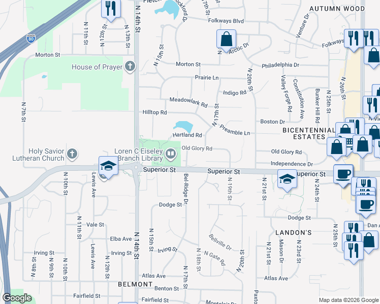 map of restaurants, bars, coffee shops, grocery stores, and more near 1629 Old Glory Road in Lincoln