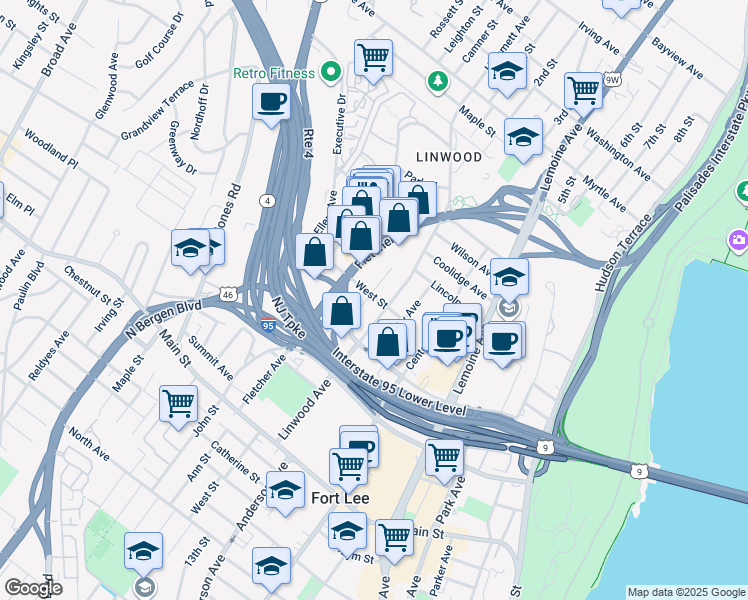 map of restaurants, bars, coffee shops, grocery stores, and more near 2160 South Street in Fort Lee