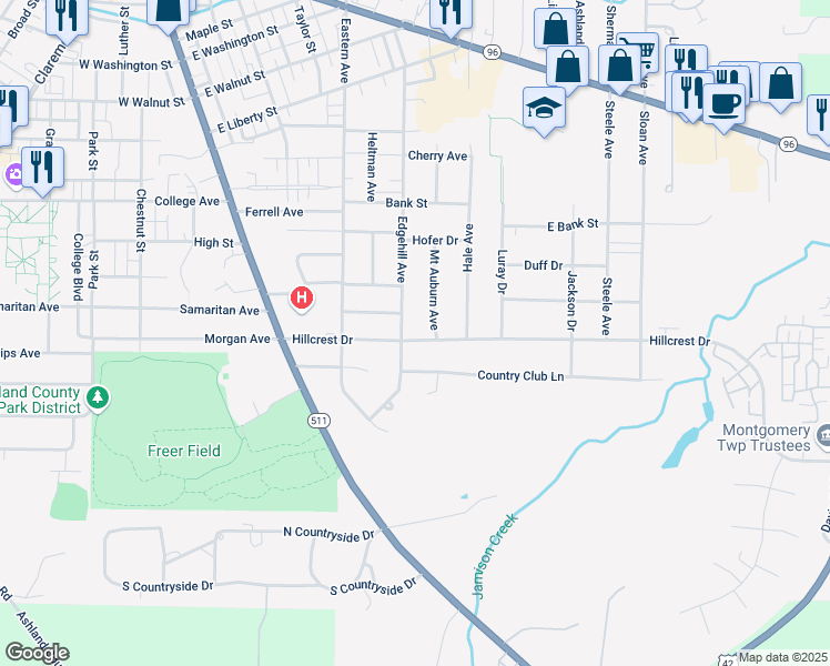 map of restaurants, bars, coffee shops, grocery stores, and more near 512 Hillcrest Drive in Ashland