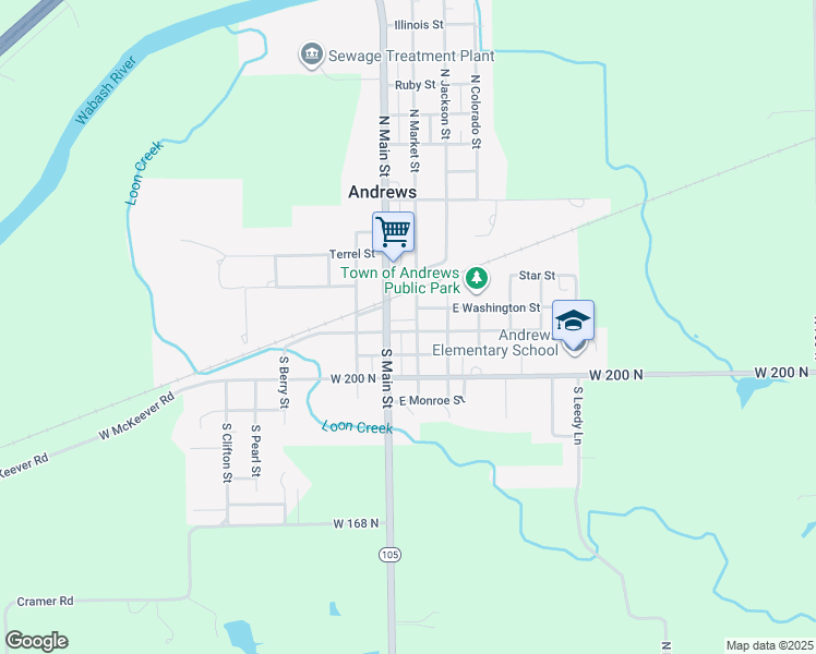map of restaurants, bars, coffee shops, grocery stores, and more near 66 East Jefferson Street in Andrews