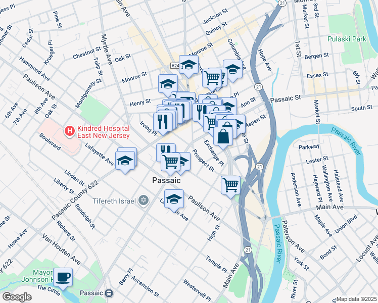 map of restaurants, bars, coffee shops, grocery stores, and more near 49 Passaic Avenue in Passaic