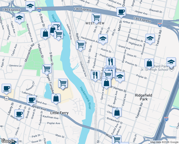 map of restaurants, bars, coffee shops, grocery stores, and more near 24 Paulison Avenue in Ridgefield Park