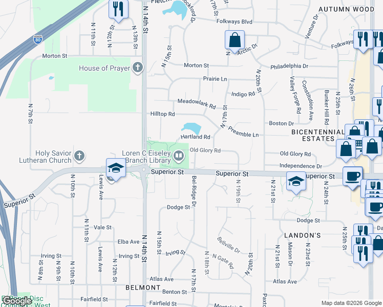 map of restaurants, bars, coffee shops, grocery stores, and more near 4731 Bel Ridge Drive in Lincoln
