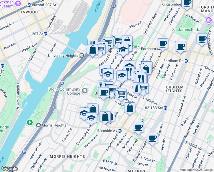 map of restaurants, bars, coffee shops, grocery stores, and more near 2194 Andrews Avenue North in Bronx