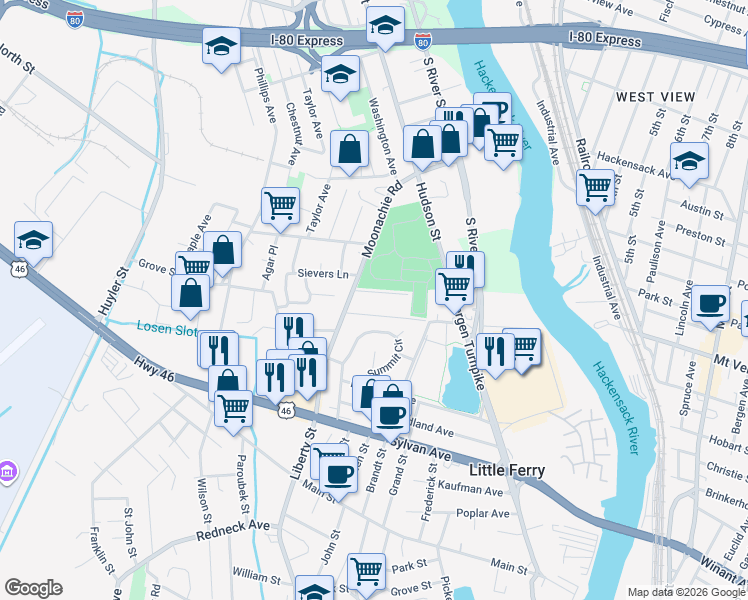 map of restaurants, bars, coffee shops, grocery stores, and more near 468 Liberty Street in Little Ferry