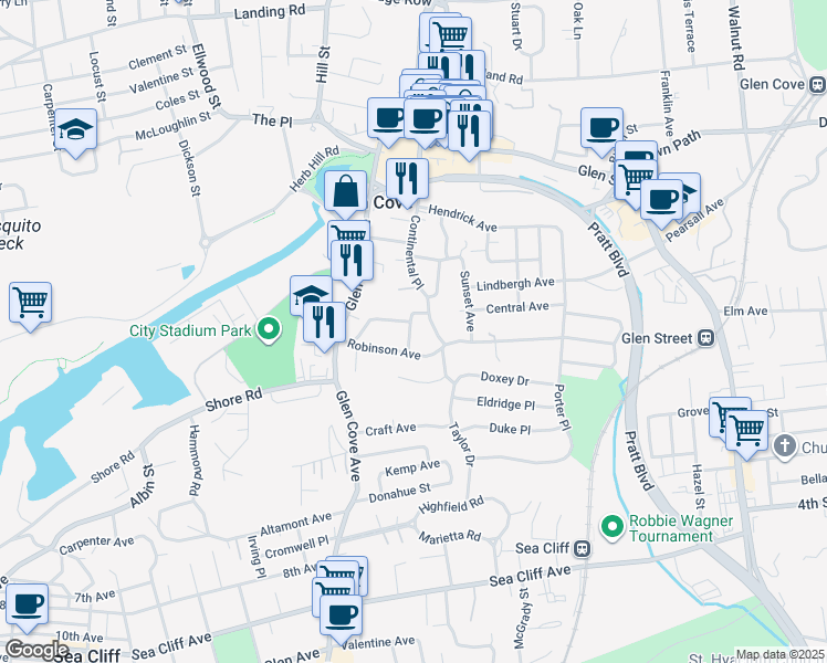 map of restaurants, bars, coffee shops, grocery stores, and more near 21 Crow Ln in Glen Cove