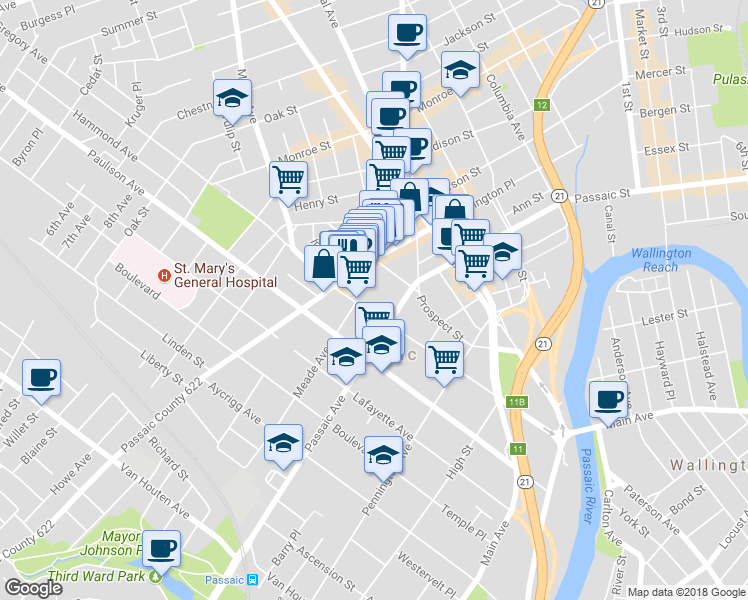 map of restaurants, bars, coffee shops, grocery stores, and more near 226 Gregory Avenue in Passaic