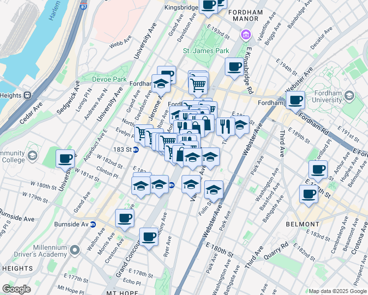 map of restaurants, bars, coffee shops, grocery stores, and more near 2335 Grand Concourse in The Bronx