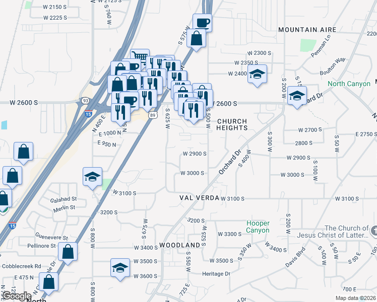 map of restaurants, bars, coffee shops, grocery stores, and more near 552 West 2900 South in Bountiful