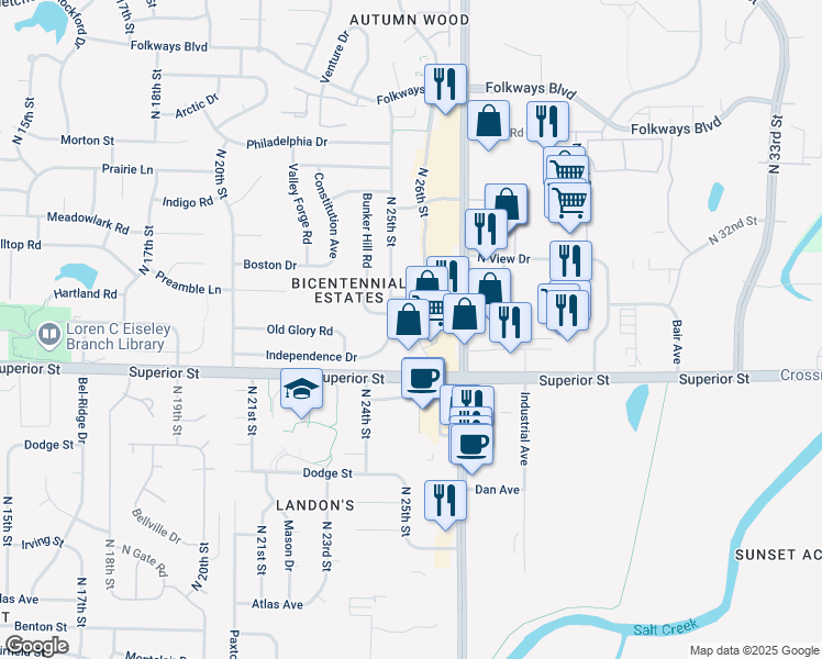 map of restaurants, bars, coffee shops, grocery stores, and more near 4707 North 26th Street in Lincoln