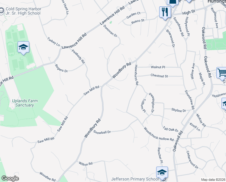 map of restaurants, bars, coffee shops, grocery stores, and more near 338 Woodbury Road in Cold Spring Harbor
