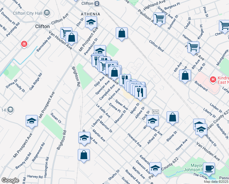 map of restaurants, bars, coffee shops, grocery stores, and more near 26 Huron Avenue in Clifton